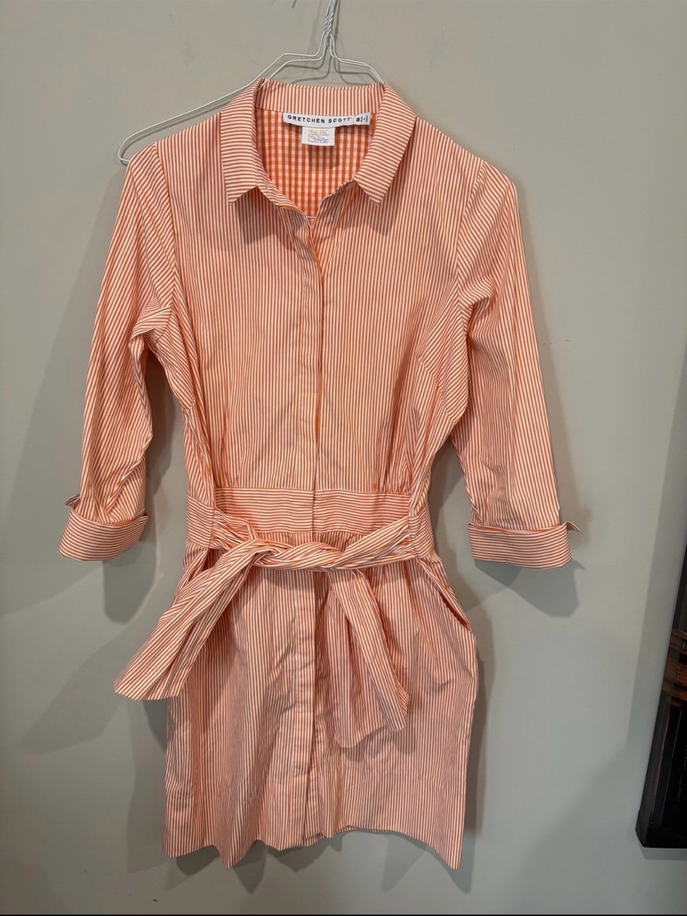 Gretchen Scott Designs coral/orange-Striped Shirt Dress with Waist Tie